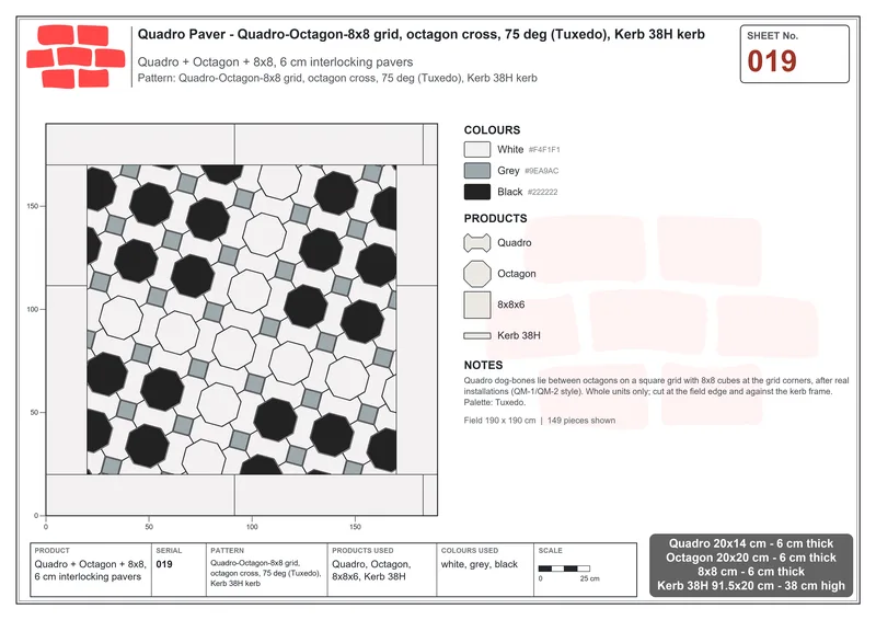 Interlock (Pasco) 20x14 cm · QUA-019 · Quadro-Octagon-8x8 grid, octagon cross, 75 deg (Tuxedo), Kerb 38H kerb · Laying plan