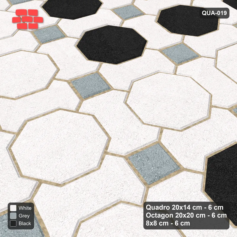 Interlock (Pasco) 20x14 cm · QUA-019 · Quadro-Octagon-8x8 grid, octagon cross, 75 deg (Tuxedo), Kerb 38H kerb · Side view Interlock (Pasco) 20x14 cm · QUA-019 · Quadro-Octagon-8x8 grid, octagon cross, 75 deg (Tuxedo), Kerb 38H kerb · Side view