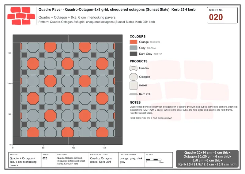 Interlock (Pasco) 20x14 cm · QUA-020 · Quadro-Octagon-8x8 grid, chequered octagons (Sunset Slate), Kerb 25H kerb · Laying plan