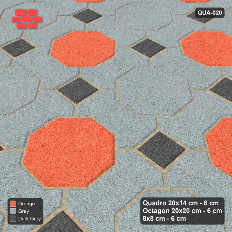 Interlock (Pasco) 20x14 cm · QUA-020 · Quadro-Octagon-8x8 grid, chequered octagons (Sunset Slate), Kerb 25H kerb · Side view Interlock (Pasco) 20x14 cm · QUA-020 · Quadro-Octagon-8x8 grid, chequered octagons (Sunset Slate), Kerb 25H kerb · Side view