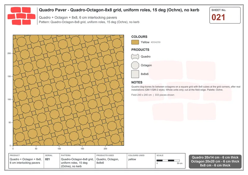 Interlock (Pasco) 20x14 cm · QUA-021 · Quadro-Octagon-8x8 grid, uniform roles, 15 deg (Ochre), no kerb · Laying plan