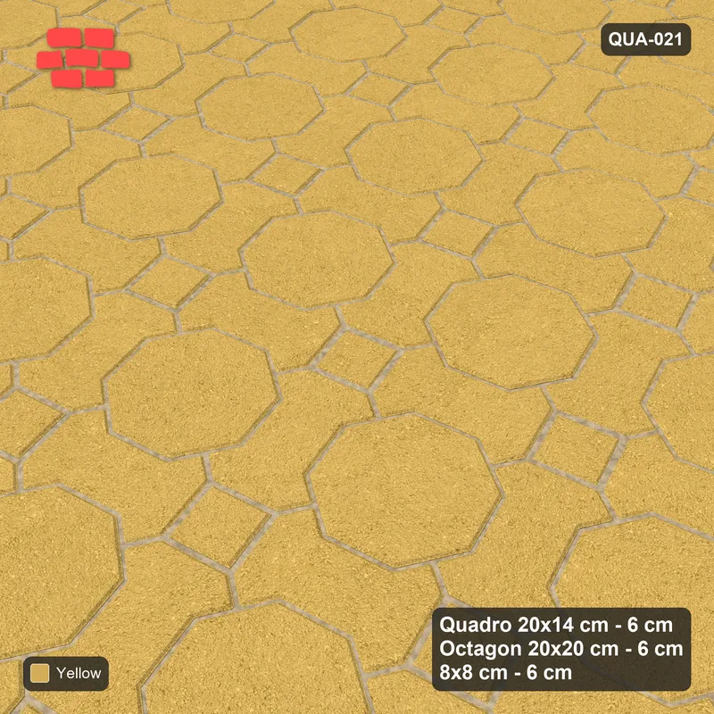 Interlock (Pasco) 20x14 cm · QUA-021 · Quadro-Octagon-8x8 grid, uniform roles, 15 deg (Ochre), no kerb · Side view Interlock (Pasco) 20x14 cm · QUA-021 · Quadro-Octagon-8x8 grid, uniform roles, 15 deg (Ochre), no kerb · Side view