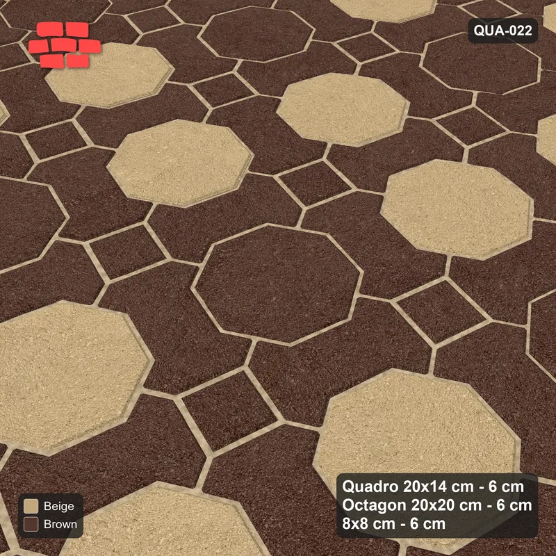 Interlock (Pasco) 20x14 cm · QUA-022 · Quadro-Octagon-8x8 grid, diagonal octagon tones, 75 deg (Sandstone), Kerb 40B kerb · Side view Interlock (Pasco) 20x14 cm · QUA-022 · Quadro-Octagon-8x8 grid, diagonal octagon tones, 75 deg (Sandstone), Kerb 40B kerb · Side view