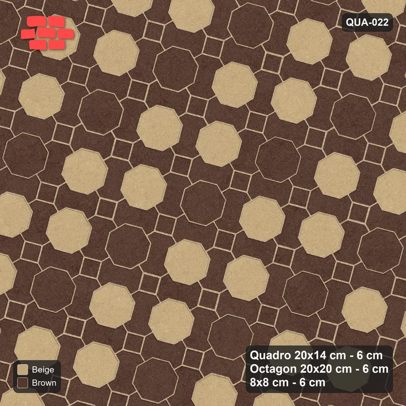 Interlock (Pasco) 20x14 cm · QUA-022 · Quadro-Octagon-8x8 grid, diagonal octagon tones, 75 deg (Sandstone), Kerb 40B kerb · Top view Interlock (Pasco) 20x14 cm · QUA-022 · Quadro-Octagon-8x8 grid, diagonal octagon tones, 75 deg (Sandstone), Kerb 40B kerb · Top view
