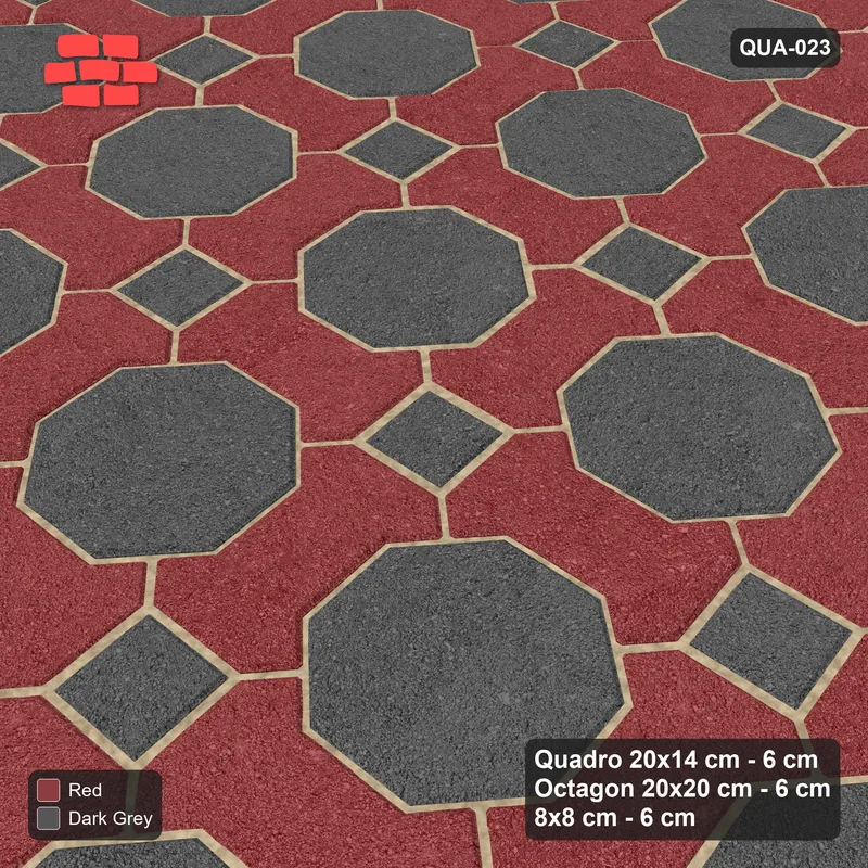 Interlock (Pasco) 20x14 cm · QUA-023 · Quadro-Octagon-8x8 grid, uniform roles, 5 deg (Rust & Charcoal), Kerb 38B kerb · Side view Interlock (Pasco) 20x14 cm · QUA-023 · Quadro-Octagon-8x8 grid, uniform roles, 5 deg (Rust & Charcoal), Kerb 38B kerb · Side view
