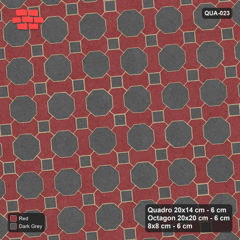 Interlock (Pasco) 20x14 cm · QUA-023 · Quadro-Octagon-8x8 grid, uniform roles, 5 deg (Rust & Charcoal), Kerb 38B kerb · Top view Interlock (Pasco) 20x14 cm · QUA-023 · Quadro-Octagon-8x8 grid, uniform roles, 5 deg (Rust & Charcoal), Kerb 38B kerb · Top view