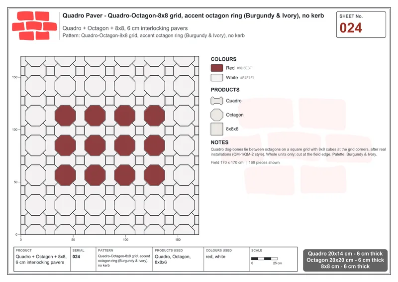 Interlock (Pasco) 20x14 cm · QUA-024 · Quadro-Octagon-8x8 grid, accent octagon ring (Burgundy & Ivory), no kerb · Laying plan