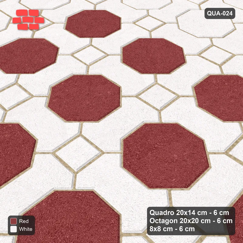 Interlock (Pasco) 20x14 cm · QUA-024 · Quadro-Octagon-8x8 grid, accent octagon ring (Burgundy & Ivory), no kerb · Side view Interlock (Pasco) 20x14 cm · QUA-024 · Quadro-Octagon-8x8 grid, accent octagon ring (Burgundy & Ivory), no kerb · Side view