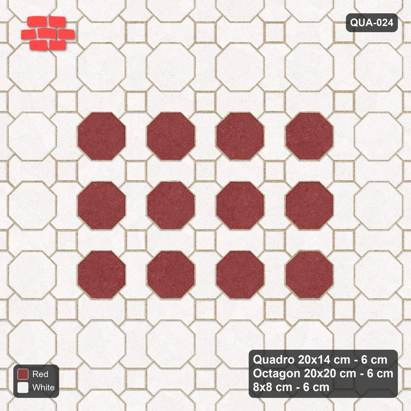 Interlock (Pasco) 20x14 cm · QUA-024 · Quadro-Octagon-8x8 grid, accent octagon ring (Burgundy & Ivory), no kerb · Top view Interlock (Pasco) 20x14 cm · QUA-024 · Quadro-Octagon-8x8 grid, accent octagon ring (Burgundy & Ivory), no kerb · Top view