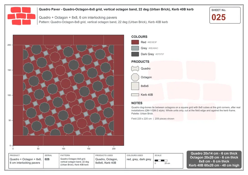 Interlock (Pasco) 20x14 cm · QUA-025 · Quadro-Octagon-8x8 grid, vertical octagon band, 22 deg (Urban Brick), Kerb 40B kerb · Laying plan