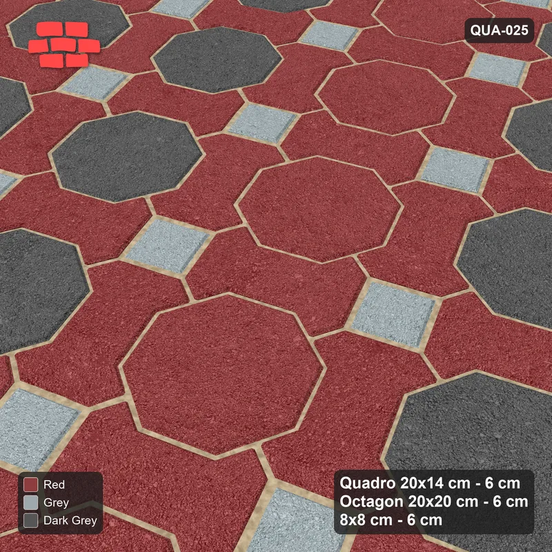 Interlock (Pasco) 20x14 cm · QUA-025 · Quadro-Octagon-8x8 grid, vertical octagon band, 22 deg (Urban Brick), Kerb 40B kerb · Side view Interlock (Pasco) 20x14 cm · QUA-025 · Quadro-Octagon-8x8 grid, vertical octagon band, 22 deg (Urban Brick), Kerb 40B kerb · Side view