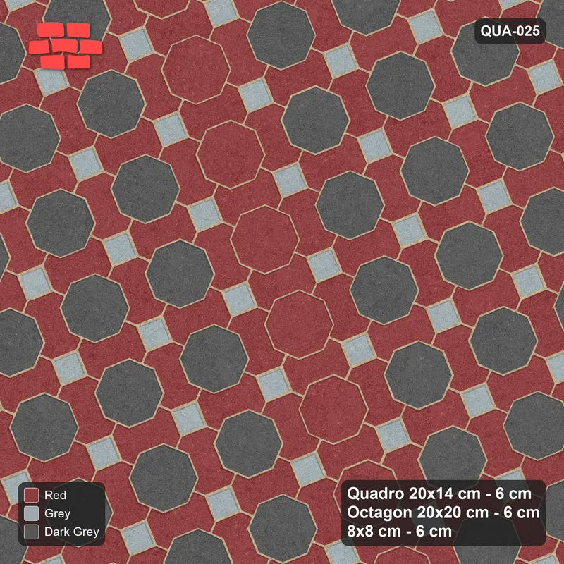 Interlock (Pasco) 20x14 cm · QUA-025 · Quadro-Octagon-8x8 grid, vertical octagon band, 22 deg (Urban Brick), Kerb 40B kerb · Top view Interlock (Pasco) 20x14 cm · QUA-025 · Quadro-Octagon-8x8 grid, vertical octagon band, 22 deg (Urban Brick), Kerb 40B kerb · Top view