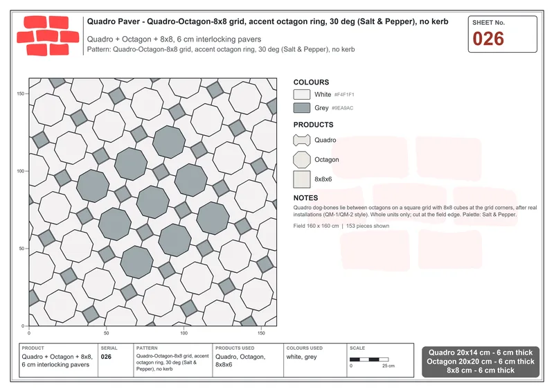 Interlock (Pasco) 20x14 cm · QUA-026 · Quadro-Octagon-8x8 grid, accent octagon ring, 30 deg (Salt & Pepper), no kerb · Laying plan