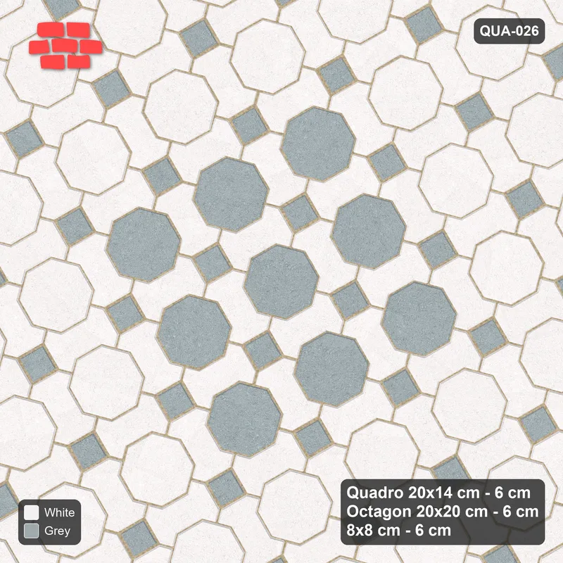 Interlock (Pasco) 20x14 cm · QUA-026 · Quadro-Octagon-8x8 grid, accent octagon ring, 30 deg (Salt & Pepper), no kerb · Top view Interlock (Pasco) 20x14 cm · QUA-026 · Quadro-Octagon-8x8 grid, accent octagon ring, 30 deg (Salt & Pepper), no kerb · Top view