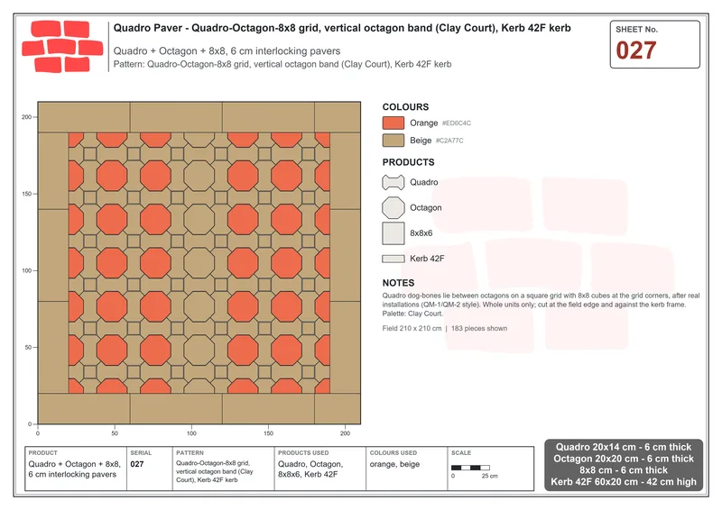 Interlock (Pasco) 20x14 cm · QUA-027 · Quadro-Octagon-8x8 grid, vertical octagon band (Clay Court), Kerb 42F kerb · Laying plan