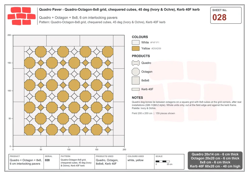 Interlock (Pasco) 20x14 cm · QUA-028 · Quadro-Octagon-8x8 grid, chequered cubes, 45 deg (Ivory & Ochre), Kerb 40F kerb · Laying plan