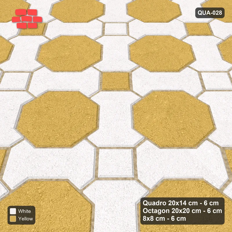 Interlock (Pasco) 20x14 cm · QUA-028 · Quadro-Octagon-8x8 grid, chequered cubes, 45 deg (Ivory & Ochre), Kerb 40F kerb · Side view Interlock (Pasco) 20x14 cm · QUA-028 · Quadro-Octagon-8x8 grid, chequered cubes, 45 deg (Ivory & Ochre), Kerb 40F kerb · Side view