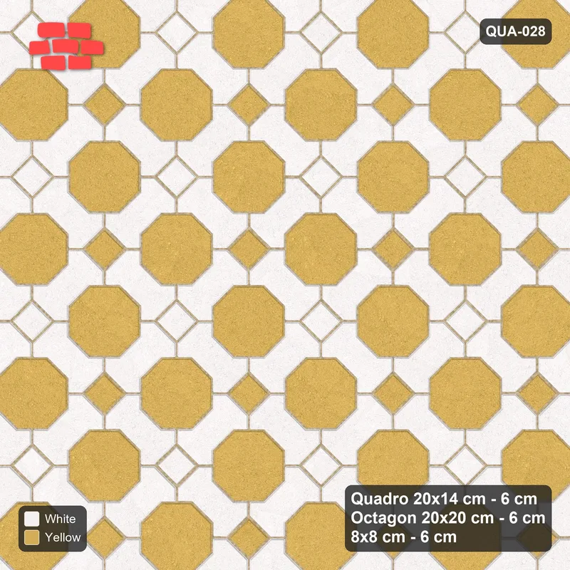Interlock (Pasco) 20x14 cm · QUA-028 · Quadro-Octagon-8x8 grid, chequered cubes, 45 deg (Ivory & Ochre), Kerb 40F kerb · Top view Interlock (Pasco) 20x14 cm · QUA-028 · Quadro-Octagon-8x8 grid, chequered cubes, 45 deg (Ivory & Ochre), Kerb 40F kerb · Top view