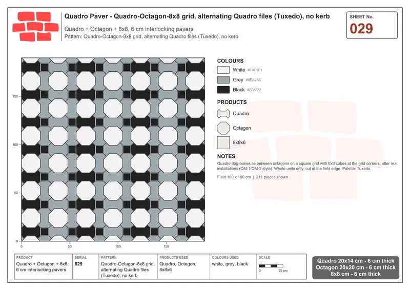 Interlock (Pasco) 20x14 cm · QUA-029 · Quadro-Octagon-8x8 grid, alternating Quadro files (Tuxedo), no kerb · Laying plan