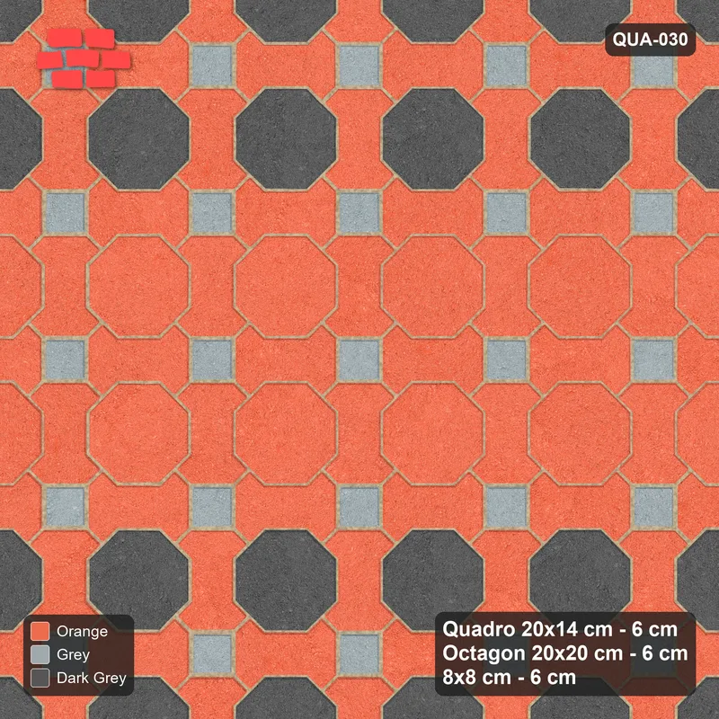 Interlock (Pasco) 20x14 cm · QUA-030 · Quadro-Octagon-8x8 grid, feature octagon band (Sunset Slate), Kerb 42F kerb · Top view Interlock (Pasco) 20x14 cm · QUA-030 · Quadro-Octagon-8x8 grid, feature octagon band (Sunset Slate), Kerb 42F kerb · Top view