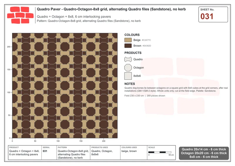 Interlock (Pasco) 20x14 cm · QUA-031 · Quadro-Octagon-8x8 grid, alternating Quadro files (Sandstone), no kerb · Laying plan