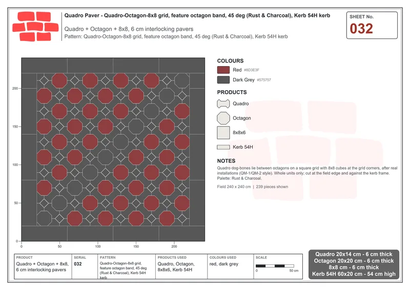 Interlock (Pasco) 20x14 cm · QUA-032 · Quadro-Octagon-8x8 grid, feature octagon band, 45 deg (Rust & Charcoal), Kerb 54H kerb · Laying plan
