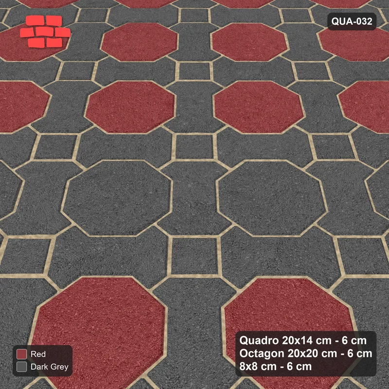 Interlock (Pasco) 20x14 cm · QUA-032 · Quadro-Octagon-8x8 grid, feature octagon band, 45 deg (Rust & Charcoal), Kerb 54H kerb · Side view Interlock (Pasco) 20x14 cm · QUA-032 · Quadro-Octagon-8x8 grid, feature octagon band, 45 deg (Rust & Charcoal), Kerb 54H kerb · Side view