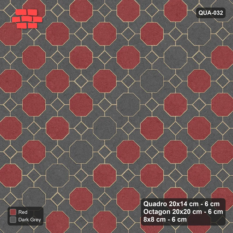 Interlock (Pasco) 20x14 cm · QUA-032 · Quadro-Octagon-8x8 grid, feature octagon band, 45 deg (Rust & Charcoal), Kerb 54H kerb · Top view Interlock (Pasco) 20x14 cm · QUA-032 · Quadro-Octagon-8x8 grid, feature octagon band, 45 deg (Rust & Charcoal), Kerb 54H kerb · Top view