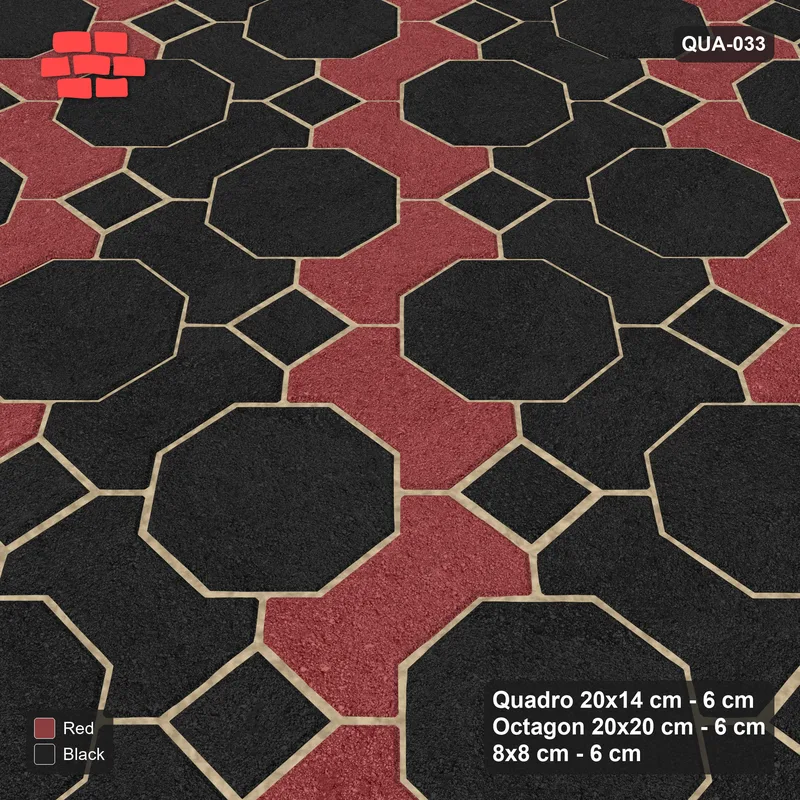 Interlock (Pasco) 20x14 cm · QUA-033 · Quadro-Octagon-8x8 grid, chequered Quadros (Red & Black), Kerb 42H kerb · Side view Interlock (Pasco) 20x14 cm · QUA-033 · Quadro-Octagon-8x8 grid, chequered Quadros (Red & Black), Kerb 42H kerb · Side view