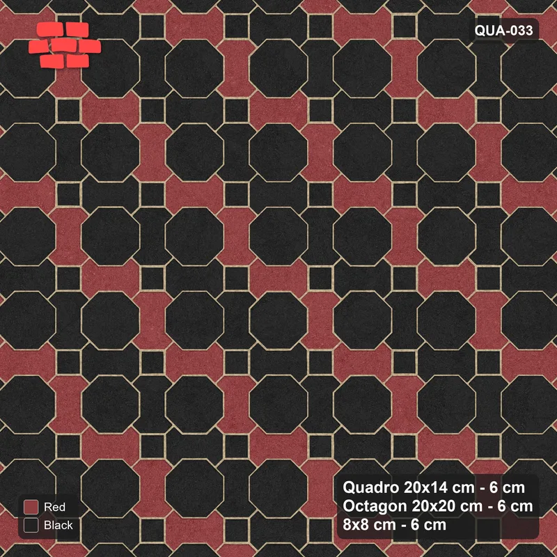 Interlock (Pasco) 20x14 cm · QUA-033 · Quadro-Octagon-8x8 grid, chequered Quadros (Red & Black), Kerb 42H kerb · Top view Interlock (Pasco) 20x14 cm · QUA-033 · Quadro-Octagon-8x8 grid, chequered Quadros (Red & Black), Kerb 42H kerb · Top view