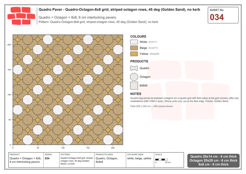 Interlock (Pasco) 20x14 cm · QUA-034 · Quadro-Octagon-8x8 grid, striped octagon rows, 45 deg (Golden Sand), no kerb · Laying plan
