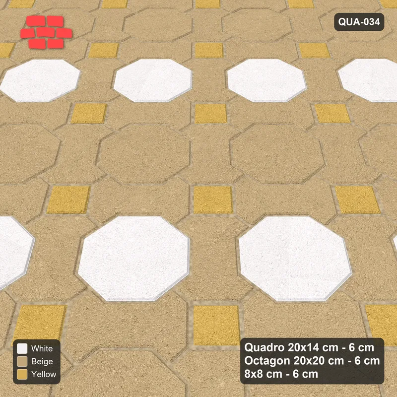 Interlock (Pasco) 20x14 cm · QUA-034 · Quadro-Octagon-8x8 grid, striped octagon rows, 45 deg (Golden Sand), no kerb · Side view Interlock (Pasco) 20x14 cm · QUA-034 · Quadro-Octagon-8x8 grid, striped octagon rows, 45 deg (Golden Sand), no kerb · Side view