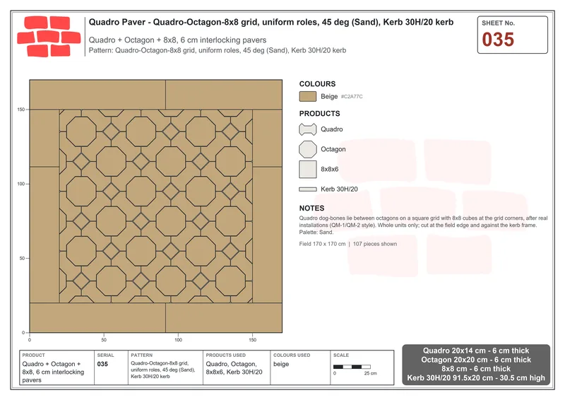 Interlock (Pasco) 20x14 cm · QUA-035 · Quadro-Octagon-8x8 grid, uniform roles, 45 deg (Sand), Kerb 30H/20 kerb · Laying plan