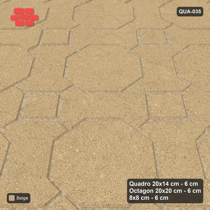 Interlock (Pasco) 20x14 cm · QUA-035 · Quadro-Octagon-8x8 grid, uniform roles, 45 deg (Sand), Kerb 30H/20 kerb · Side view Interlock (Pasco) 20x14 cm · QUA-035 · Quadro-Octagon-8x8 grid, uniform roles, 45 deg (Sand), Kerb 30H/20 kerb · Side view