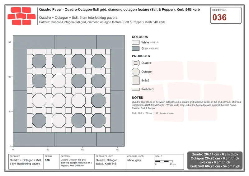 Interlock (Pasco) 20x14 cm · QUA-036 · Quadro-Octagon-8x8 grid, diamond octagon feature (Salt & Pepper), Kerb 54B kerb · Laying plan