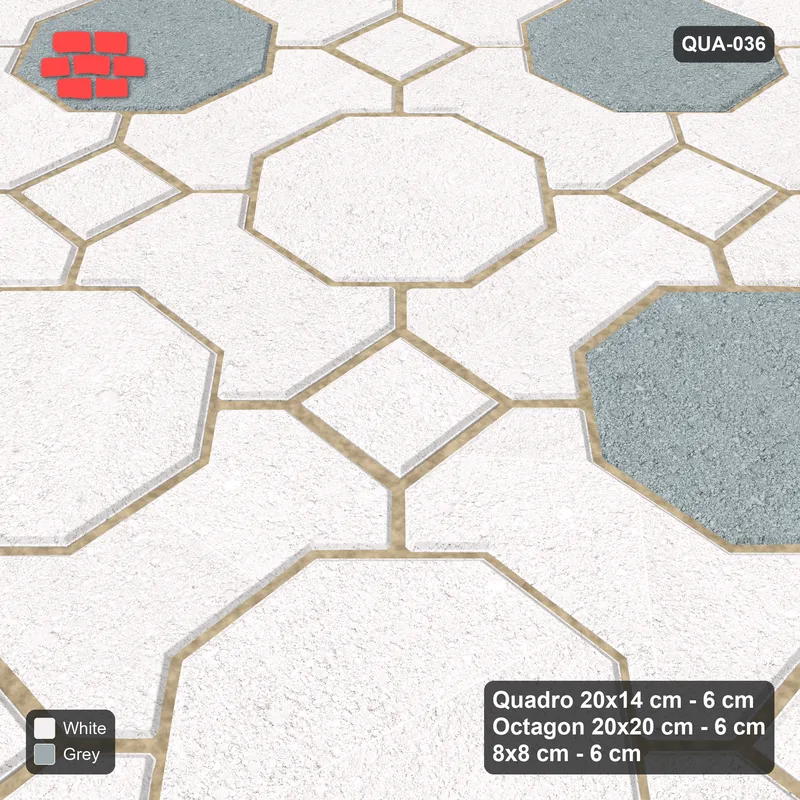 Interlock (Pasco) 20x14 cm · QUA-036 · Quadro-Octagon-8x8 grid, diamond octagon feature (Salt & Pepper), Kerb 54B kerb · Side view Interlock (Pasco) 20x14 cm · QUA-036 · Quadro-Octagon-8x8 grid, diamond octagon feature (Salt & Pepper), Kerb 54B kerb · Side view