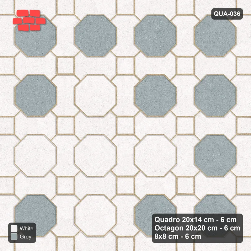 Interlock (Pasco) 20x14 cm · QUA-036 · Quadro-Octagon-8x8 grid, diamond octagon feature (Salt & Pepper), Kerb 54B kerb · Top view Interlock (Pasco) 20x14 cm · QUA-036 · Quadro-Octagon-8x8 grid, diamond octagon feature (Salt & Pepper), Kerb 54B kerb · Top view