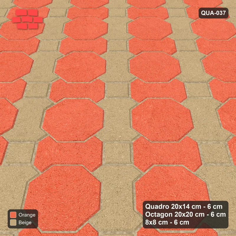 Interlock (Pasco) 20x14 cm · QUA-037 · Quadro-Octagon-8x8 grid, two-tone Quadro files, 45 deg (Clay Court), no kerb · Side view Interlock (Pasco) 20x14 cm · QUA-037 · Quadro-Octagon-8x8 grid, two-tone Quadro files, 45 deg (Clay Court), no kerb · Side view