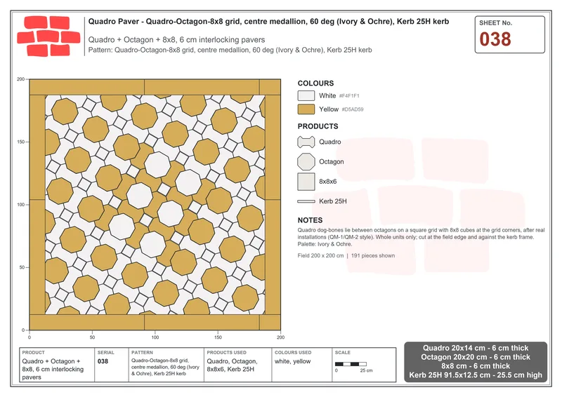 Interlock (Pasco) 20x14 cm · QUA-038 · Quadro-Octagon-8x8 grid, centre medallion, 60 deg (Ivory & Ochre), Kerb 25H kerb · Laying plan