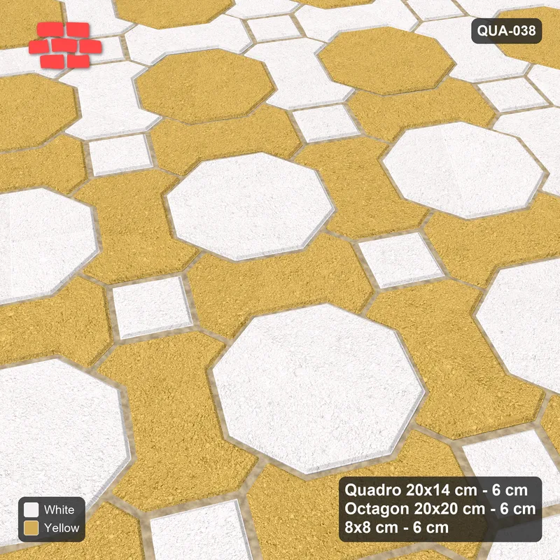Interlock (Pasco) 20x14 cm · QUA-038 · Quadro-Octagon-8x8 grid, centre medallion, 60 deg (Ivory & Ochre), Kerb 25H kerb · Side view Interlock (Pasco) 20x14 cm · QUA-038 · Quadro-Octagon-8x8 grid, centre medallion, 60 deg (Ivory & Ochre), Kerb 25H kerb · Side view