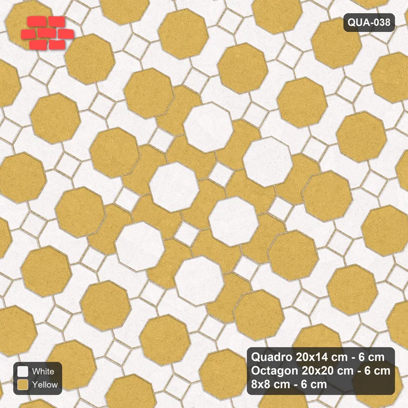 Interlock (Pasco) 20x14 cm · QUA-038 · Quadro-Octagon-8x8 grid, centre medallion, 60 deg (Ivory & Ochre), Kerb 25H kerb · Top view Interlock (Pasco) 20x14 cm · QUA-038 · Quadro-Octagon-8x8 grid, centre medallion, 60 deg (Ivory & Ochre), Kerb 25H kerb · Top view