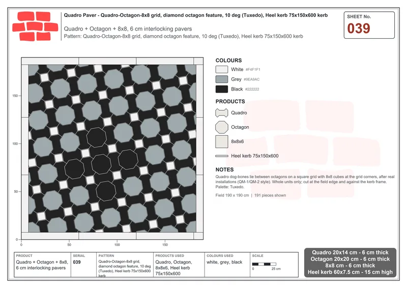 Interlock (Pasco) 20x14 cm · QUA-039 · Quadro-Octagon-8x8 grid, diamond octagon feature, 10 deg (Tuxedo), Heel kerb 75x150x600 kerb · Laying plan