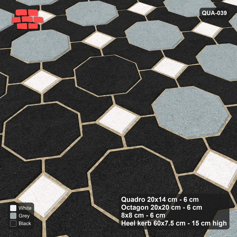 Interlock (Pasco) 20x14 cm · QUA-039 · Quadro-Octagon-8x8 grid, diamond octagon feature, 10 deg (Tuxedo), Heel kerb 75x150x600 kerb · Side view Interlock (Pasco) 20x14 cm · QUA-039 · Quadro-Octagon-8x8 grid, diamond octagon feature, 10 deg (Tuxedo), Heel kerb 75x150x600 kerb · Side view