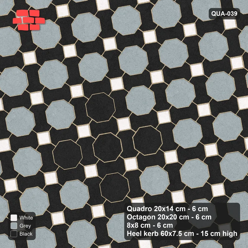 Interlock (Pasco) 20x14 cm · QUA-039 · Quadro-Octagon-8x8 grid, diamond octagon feature, 10 deg (Tuxedo), Heel kerb 75x150x600 kerb · Top view Interlock (Pasco) 20x14 cm · QUA-039 · Quadro-Octagon-8x8 grid, diamond octagon feature, 10 deg (Tuxedo), Heel kerb 75x150x600 kerb · Top view