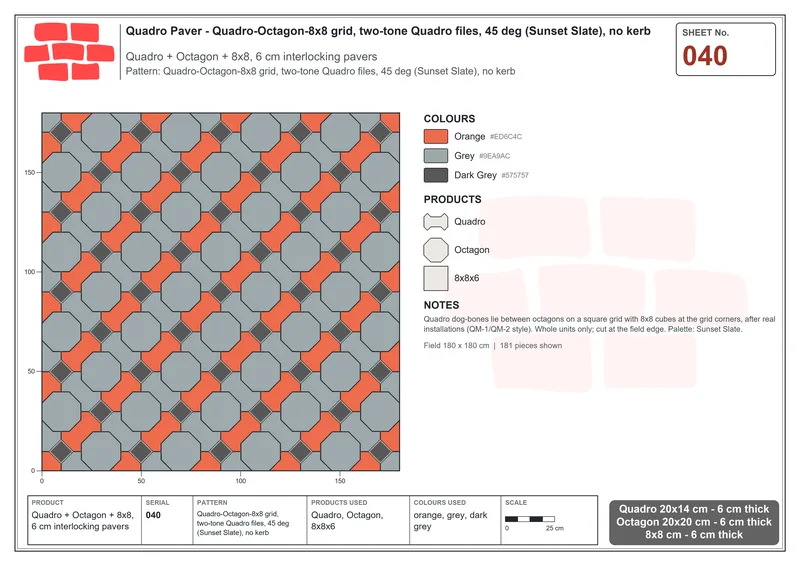 Interlock (Pasco) 20x14 cm · QUA-040 · Quadro-Octagon-8x8 grid, two-tone Quadro files, 45 deg (Sunset Slate), no kerb · Laying plan