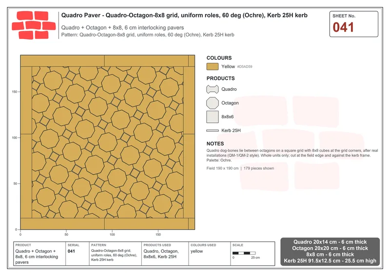 Interlock (Pasco) 20x14 cm · QUA-041 · Quadro-Octagon-8x8 grid, uniform roles, 60 deg (Ochre), Kerb 25H kerb · Laying plan