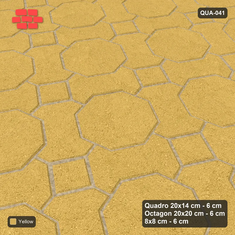 Interlock (Pasco) 20x14 cm · QUA-041 · Quadro-Octagon-8x8 grid, uniform roles, 60 deg (Ochre), Kerb 25H kerb · Side view Interlock (Pasco) 20x14 cm · QUA-041 · Quadro-Octagon-8x8 grid, uniform roles, 60 deg (Ochre), Kerb 25H kerb · Side view