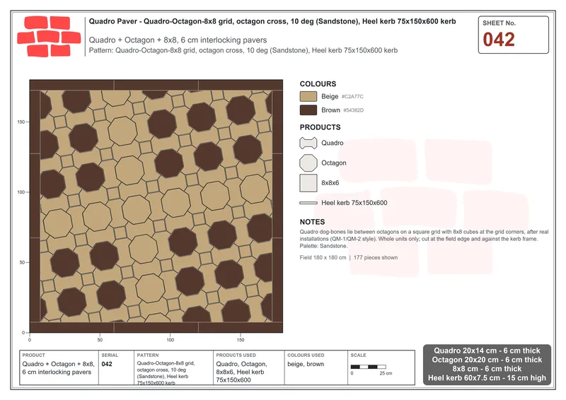 Interlock (Pasco) 20x14 cm · QUA-042 · Quadro-Octagon-8x8 grid, octagon cross, 10 deg (Sandstone), Heel kerb 75x150x600 kerb · Laying plan