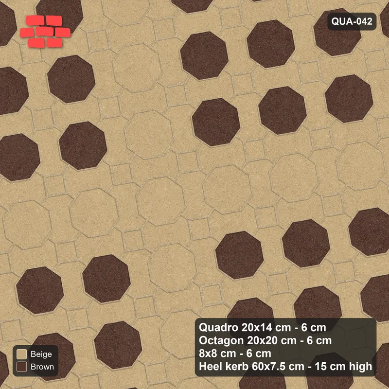 Interlock (Pasco) 20x14 cm · QUA-042 · Quadro-Octagon-8x8 grid, octagon cross, 10 deg (Sandstone), Heel kerb 75x150x600 kerb · Top view Interlock (Pasco) 20x14 cm · QUA-042 · Quadro-Octagon-8x8 grid, octagon cross, 10 deg (Sandstone), Heel kerb 75x150x600 kerb · Top view