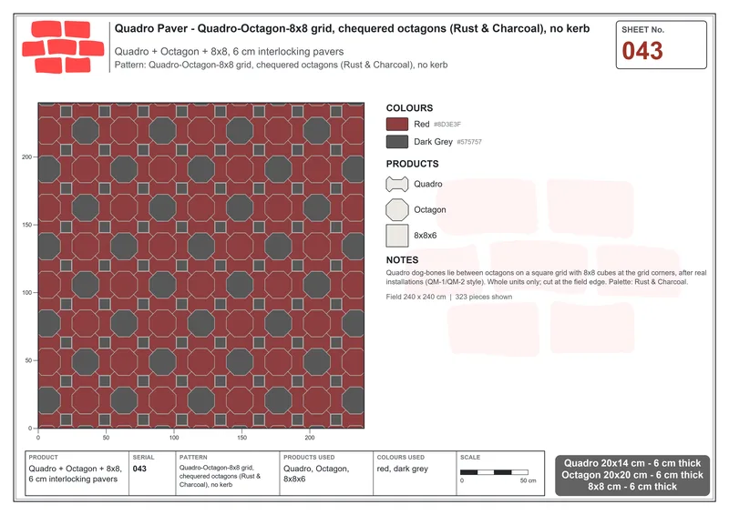 Interlock (Pasco) 20x14 cm · QUA-043 · Quadro-Octagon-8x8 grid, chequered octagons (Rust & Charcoal), no kerb · Laying plan